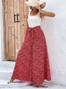 SHEIN VCAY 碎花腰帶闊腿連體褲 - 紅白色 - 查看 1