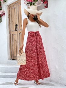 SHEIN VCAY 碎花腰帶闊腿連體褲 - 紅白色 - 查看 4