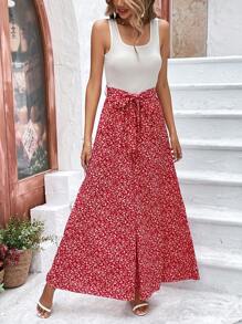 SHEIN VCAY 碎花腰帶闊腿連體褲 - 紅白色 - 查看 5