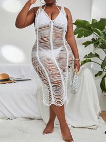 SHEIN Swim Curve Plus Open Stitch Detail Cover Up Dress Without Bikini - White - View 3