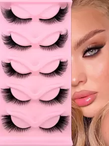 5 Pairs Full False Lashes Cat Eye Look 15mm Tail Elongated Eyelashes Fluffy Volumized Eyelashes Faux Mink Strip False Lashes Strip Lashes, Lashes, Eyelashes, Fake Lashes - Black - View 1
