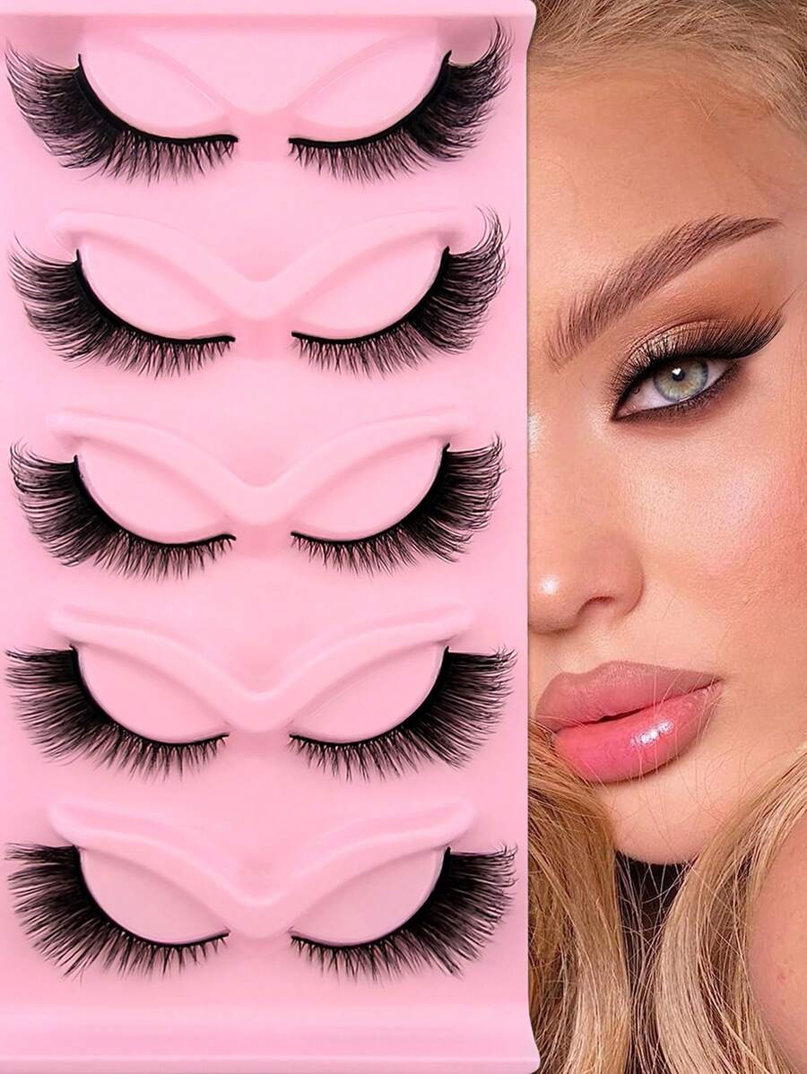 5 Pairs Full False Lashes Cat Eye Look 15mm Tail Elongated Eyelashes Fluffy Volumized Eyelashes Faux Mink Strip False Lashes Strip Lashes, Lashes, Eyelashes, Fake Lashes - Black - View 1