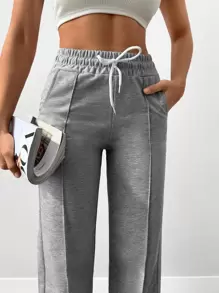 Cottnline Drawstring Waist Seam Detail Joggers - Grey - View 3