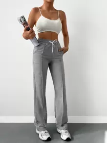 Cottnline Drawstring Waist Seam Detail Joggers - Grey - View 4