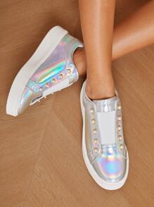 運動板鞋適用於女士鐳射人造珍珠裝飾針腳細節一腳蹬運動鞋 - 銀色 - 查看 2
