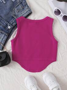 SHEIN 青少女實色針織休閒背心，圓領線條和曲線襯裙 - 玫紅色 - 查看 2