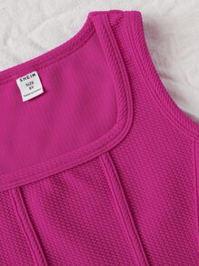 SHEIN 青少女實色針織休閒背心，圓領線條和曲線襯裙 - 玫紅色 - 查看 4