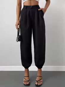 Pantalones jogger unicolor con bolsillo oblicuo - Negro - Ver 1