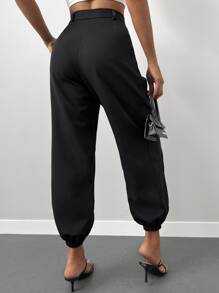 Pantalones jogger unicolor con bolsillo oblicuo - Negro - Ver 2