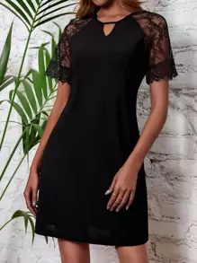 EURMUSE Contrast Lace Raglan Sleeve Keyhole Neckline Dress - Black - View 1