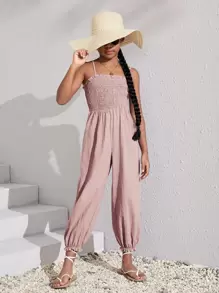 SHEIN Áo liền quần Gái viền lá sen Dải chun màu trơn Giải trí - Bụi hồng - Xem 1