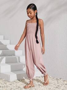 SHEIN Áo liền quần Gái viền lá sen Dải chun màu trơn Giải trí - Bụi hồng - Xem 3