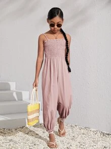 SHEIN Áo liền quần Gái viền lá sen Dải chun màu trơn Giải trí - Bụi hồng - Xem 6