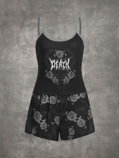 Goth Letter Floral Graphic Contrast Binding PJ Set