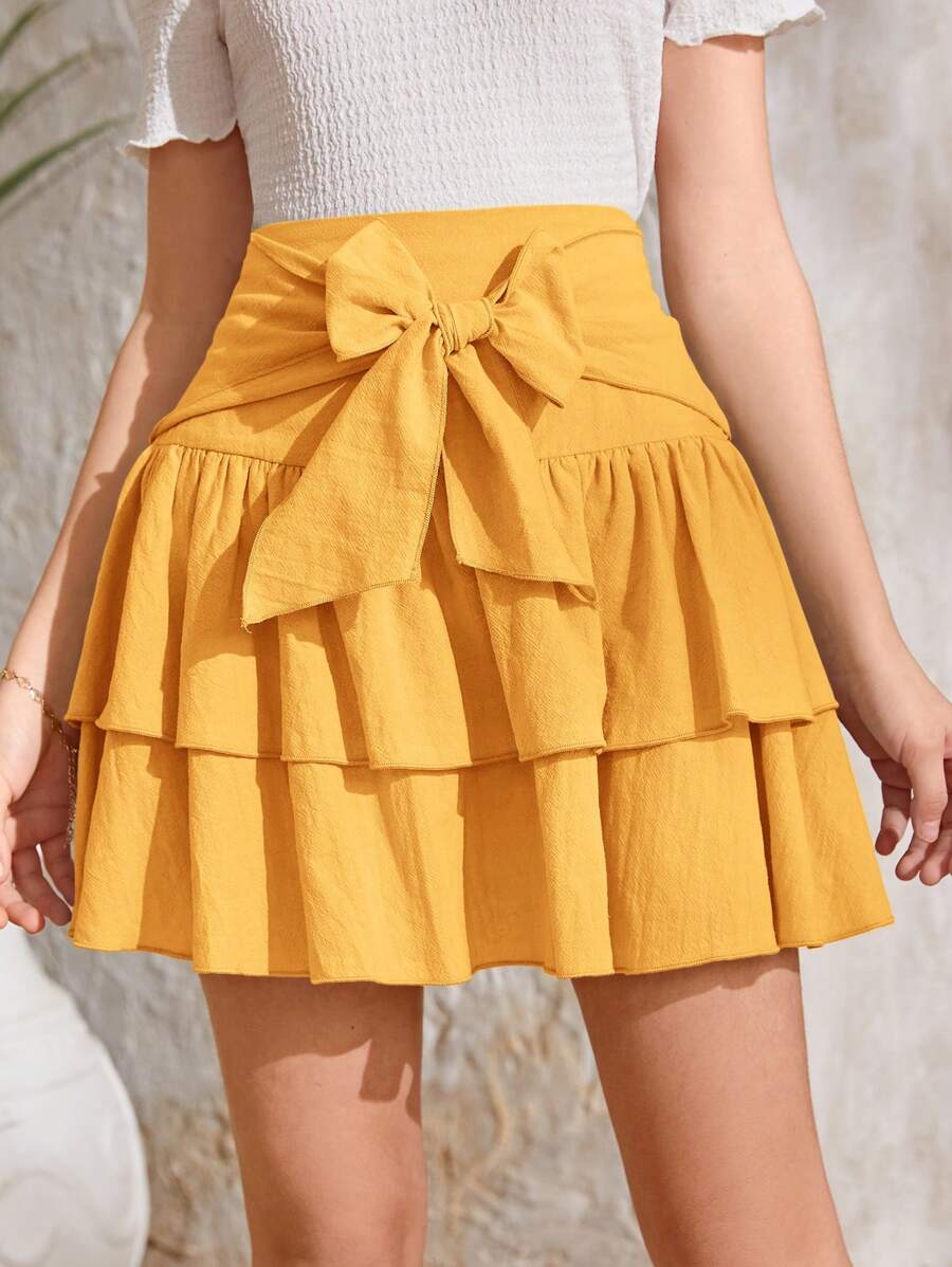SHEIN Váy Gái Thắt nơ trước phân lớp màu trơn Dễ thương - Màu vàng - Xem 1