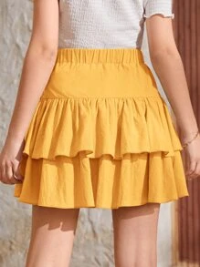 SHEIN Váy Gái Thắt nơ trước phân lớp màu trơn Dễ thương - Màu vàng - Xem 2