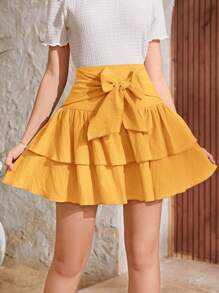 SHEIN Váy Gái Thắt nơ trước phân lớp màu trơn Dễ thương - Màu vàng - Xem 3
