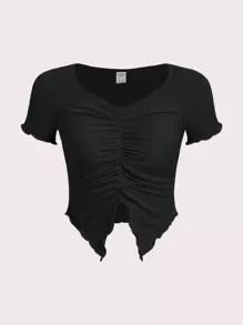 SHEIN Chicas adolescentes Camiseta fruncido delantero ribete en forma de lechuga - Negro - Ver 1