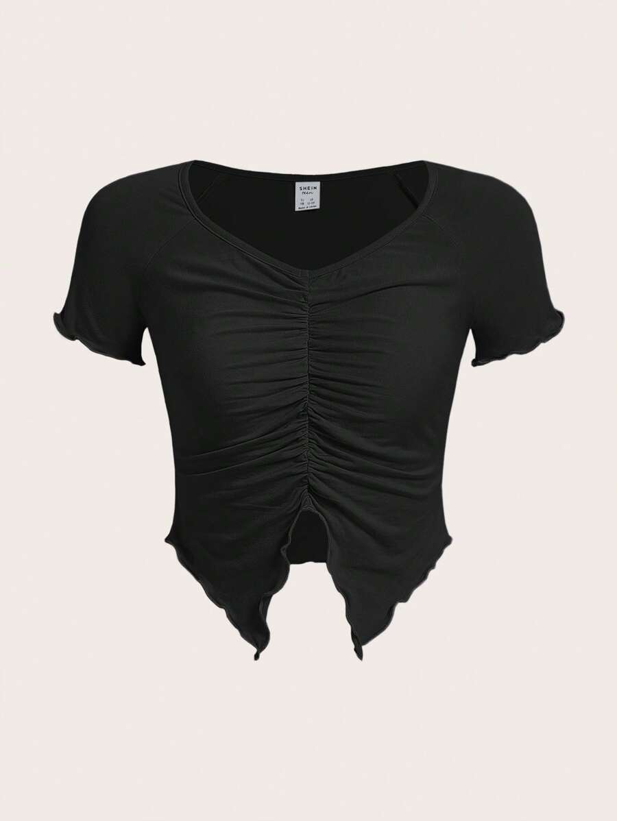 SHEIN Chicas adolescentes Camiseta fruncido delantero ribete en forma de lechuga - Negro - Ver 1