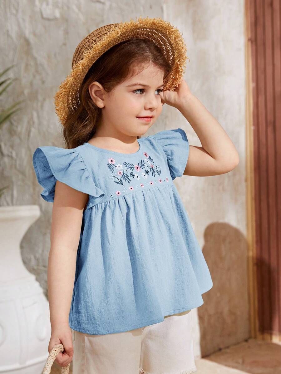 SHEIN Toddler Girls Floral Embroidery Ruffle Trim Babydoll Blouse