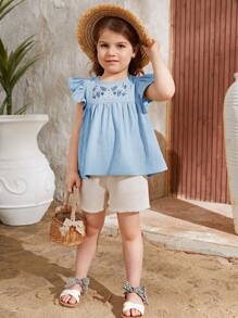SHEIN Toddler Girls Floral Embroidery Ruffle Trim Babydoll Blouse