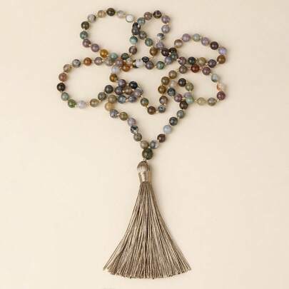 1pc Boho Bead Decor Tassel Charm Long Necklace Knotted 108 Mala Beads Agate Necklace Meditation Yoga Prayer Jewelry For Women For Vacation