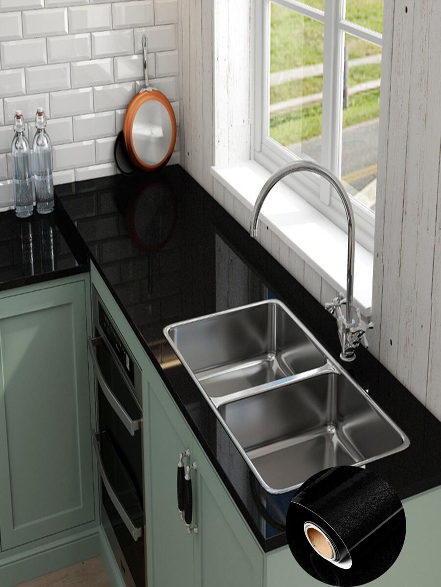 1 miếng dán nhà bếp bằng nhựa PVC, miếng dán cải tạo tường màu đen tối giản cho nhà bếp - màu đen - Xem 1
