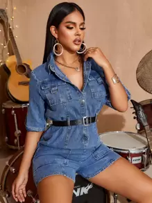 Flap Pocket Roll Tab Tay áo denim vận chuyển hàng hóa với thắt lưng - Rửa trung bình - Xem 1