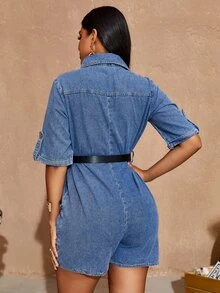Flap Pocket Roll Tab Tay áo denim vận chuyển hàng hóa với thắt lưng - Rửa trung bình - Xem 2