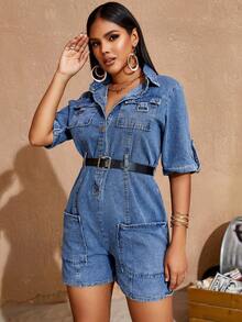 Flap Pocket Roll Tab Tay áo denim vận chuyển hàng hóa với thắt lưng - Rửa trung bình - Xem 3