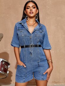 Flap Pocket Roll Tab Tay áo denim vận chuyển hàng hóa với thắt lưng - Rửa trung bình - Xem 5