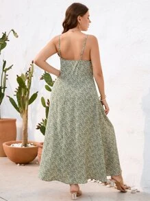 SHEIN VCAY Đầm Plus Size Lộ Lưng Buộc lại Tách cao Họa tiết hoa Boho - màu xanh lá - Xem 2