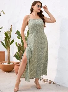 SHEIN VCAY Đầm Plus Size Lộ Lưng Buộc lại Tách cao Họa tiết hoa Boho - màu xanh lá - Xem 3