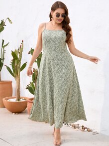 SHEIN VCAY Đầm Plus Size Lộ Lưng Buộc lại Tách cao Họa tiết hoa Boho - màu xanh lá - Xem 4