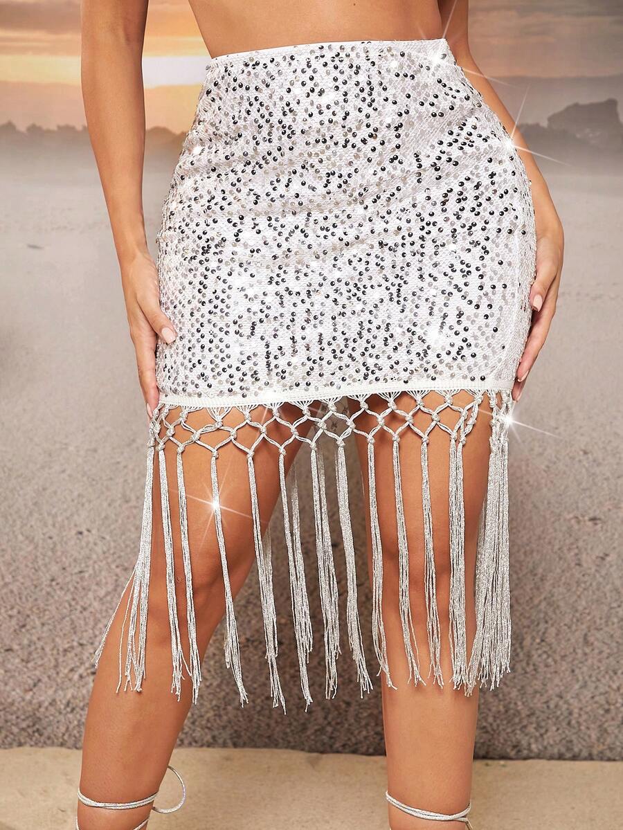 SHEIN SXY Váy nữ mép màu trơn Buổi tiệc - Bạc - Xem 1