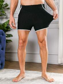 Men Contrast Binding Sleep Shorts - Black - View 1