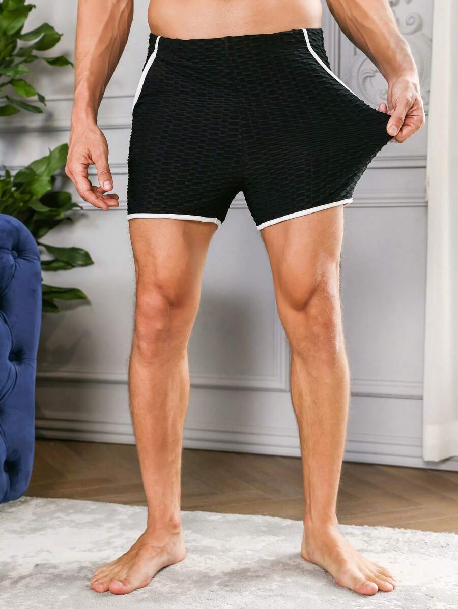 Men Contrast Binding Sleep Shorts - Black - View 1