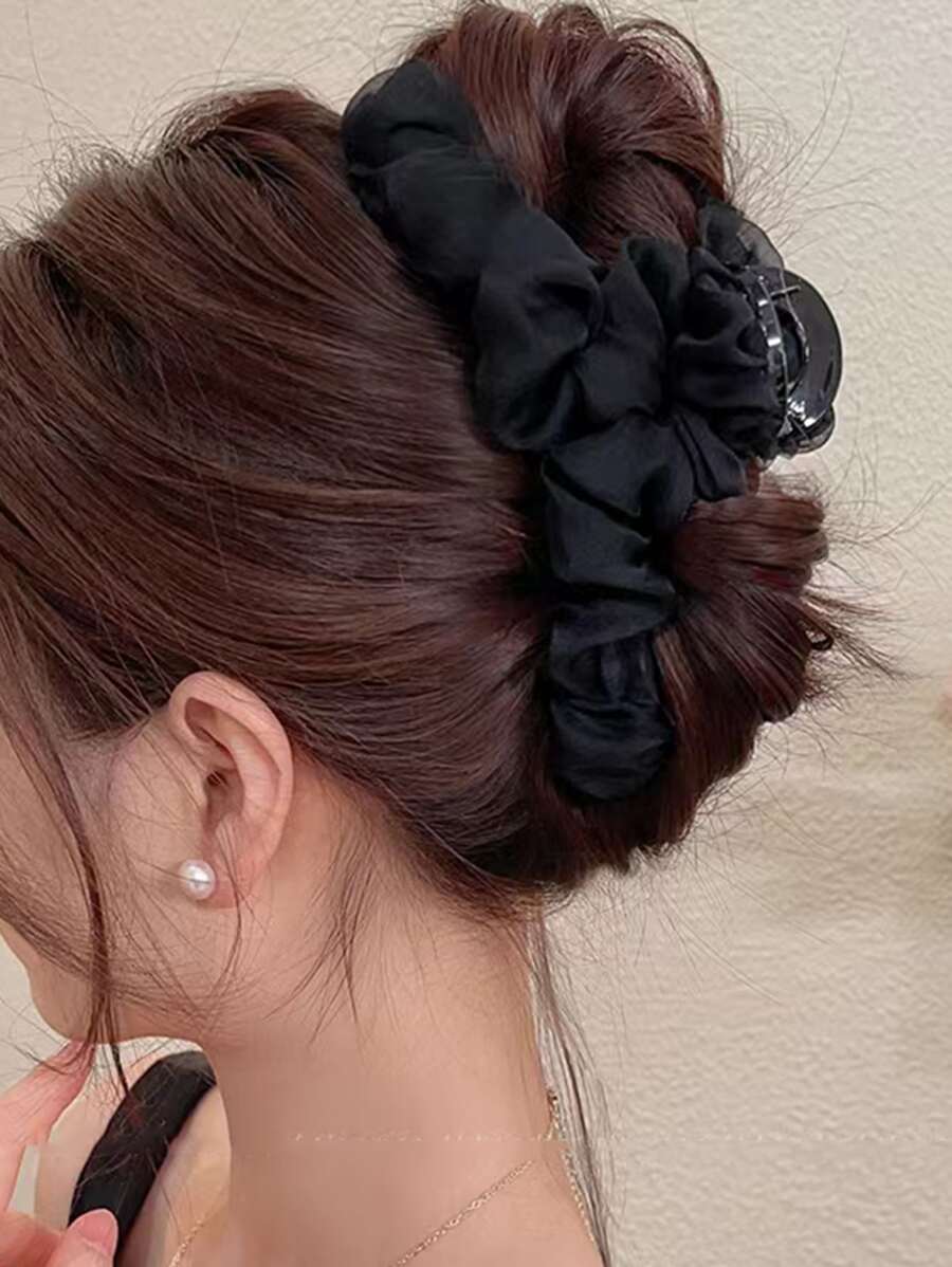 Pinza de pelo con pliegues sólidos para cabello grueso, pinzas de pelo de agarre fuerte, pasadores de pelo con forma de mariposa, accesorios de moda para el cabello de mujer elegante Y2K, artículos escolares, pinza de pelo para vacaciones de otoño e invierno para outfits de mujer - Negro - Ver 1