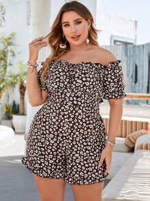 SHEIN Holidaya Plus Ditsy Floral Print Off Shoulder Frill Trim Romper - Multicolor - View 1