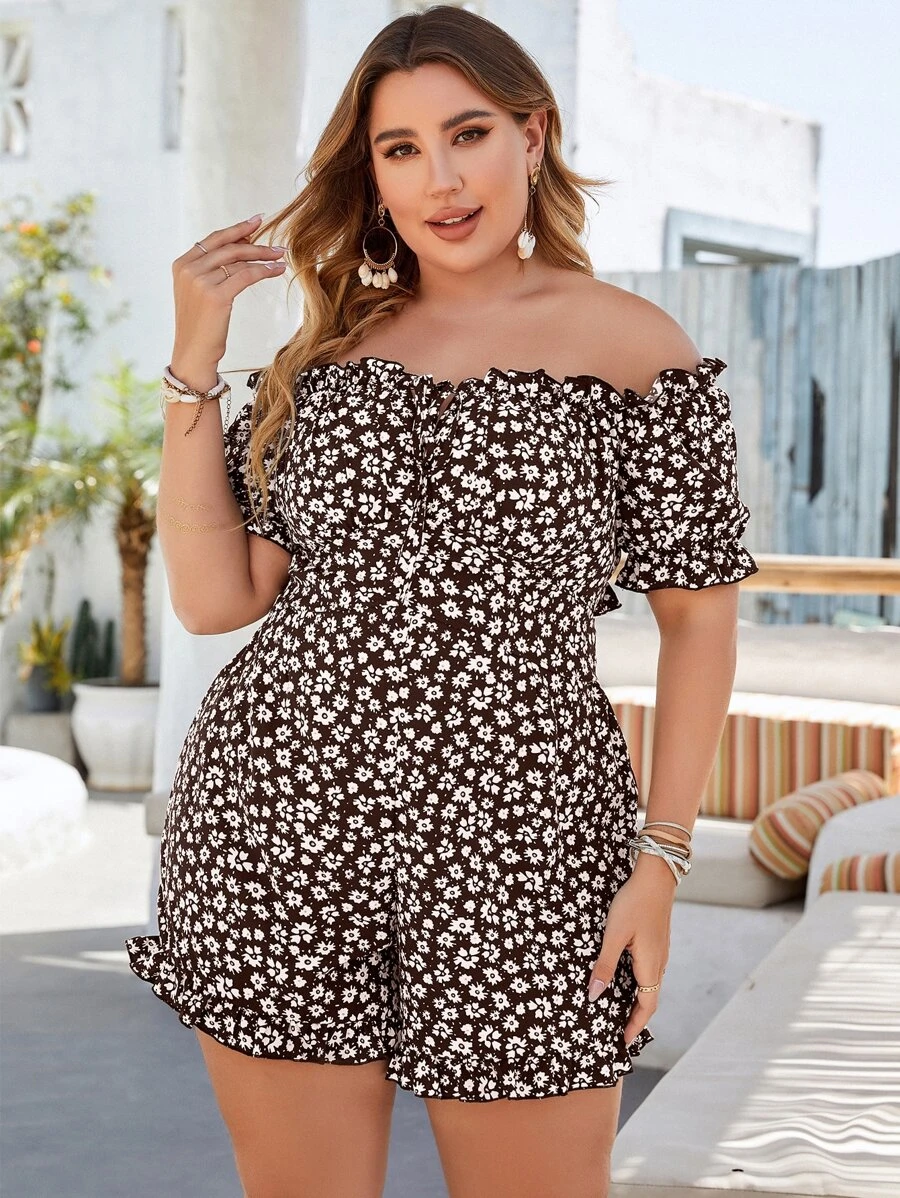SHEIN Holidaya Plus Ditsy Floral Print Off Shoulder Frill Trim Romper - Multicolor - View 1