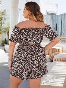 SHEIN Holidaya Plus Ditsy Floral Print Off Shoulder Frill Trim Romper - Multicolor - View 2