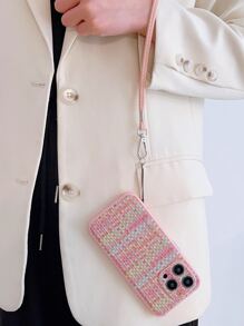 編織紋理質感手機殼附帶繩子 - 粉色 - 查看 2
