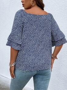 SHEIN LUNE Plus All Over Print Flounce Sleeve Blouse - Multicolor - View 2
