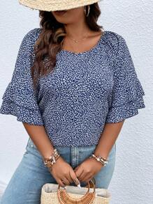SHEIN LUNE Plus All Over Print Flounce Sleeve Blouse - Multicolor - View 3