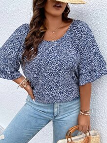 SHEIN LUNE Plus All Over Print Flounce Sleeve Blouse - Multicolor - View 4