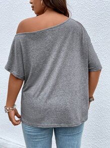 SHEIN LUNE 大碼不對稱領蝙蝠袖鏤空T恤 - 灰色 - 查看 3