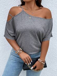 SHEIN LUNE 大碼不對稱領蝙蝠袖鏤空T恤 - 灰色 - 查看 4