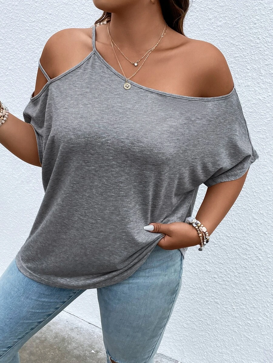 SHEIN LUNE 大碼不對稱領蝙蝠袖鏤空T恤 - 灰色 - 查看 1