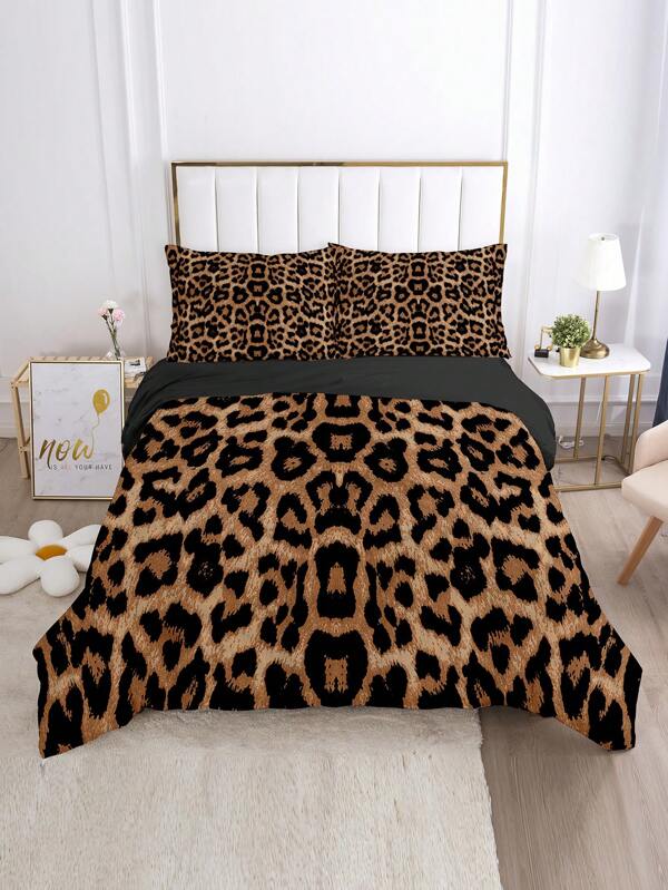 3pcs/set Leopard Pattern Duvet Cover Set Without Filler(1 Duvet Cover & 2 Pillowcase) Cartoon Polyester Bedding Set For Home
