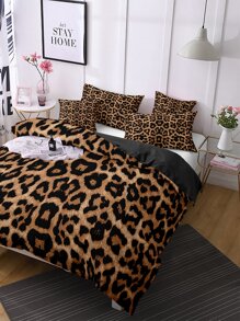 3pcs/set Leopard Pattern Duvet Cover Set Without Filler(1 Duvet Cover & 2 Pillowcase) Cartoon Polyester Bedding Set For Home - Multicolor - View 3